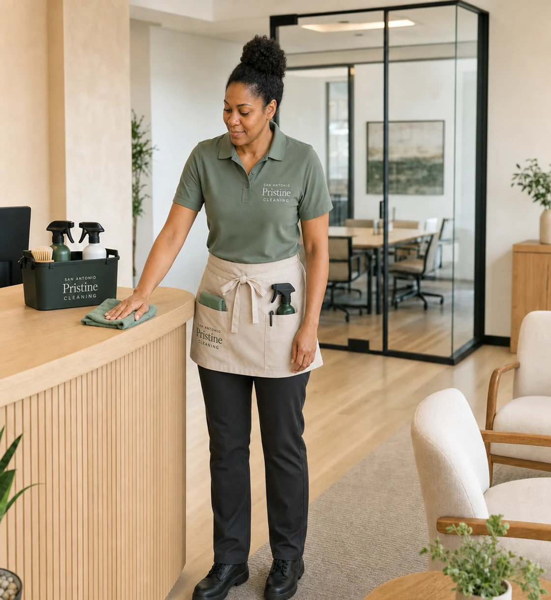 A San Antonio Pristine cleaner wiping the reception counter in a warm professional office.