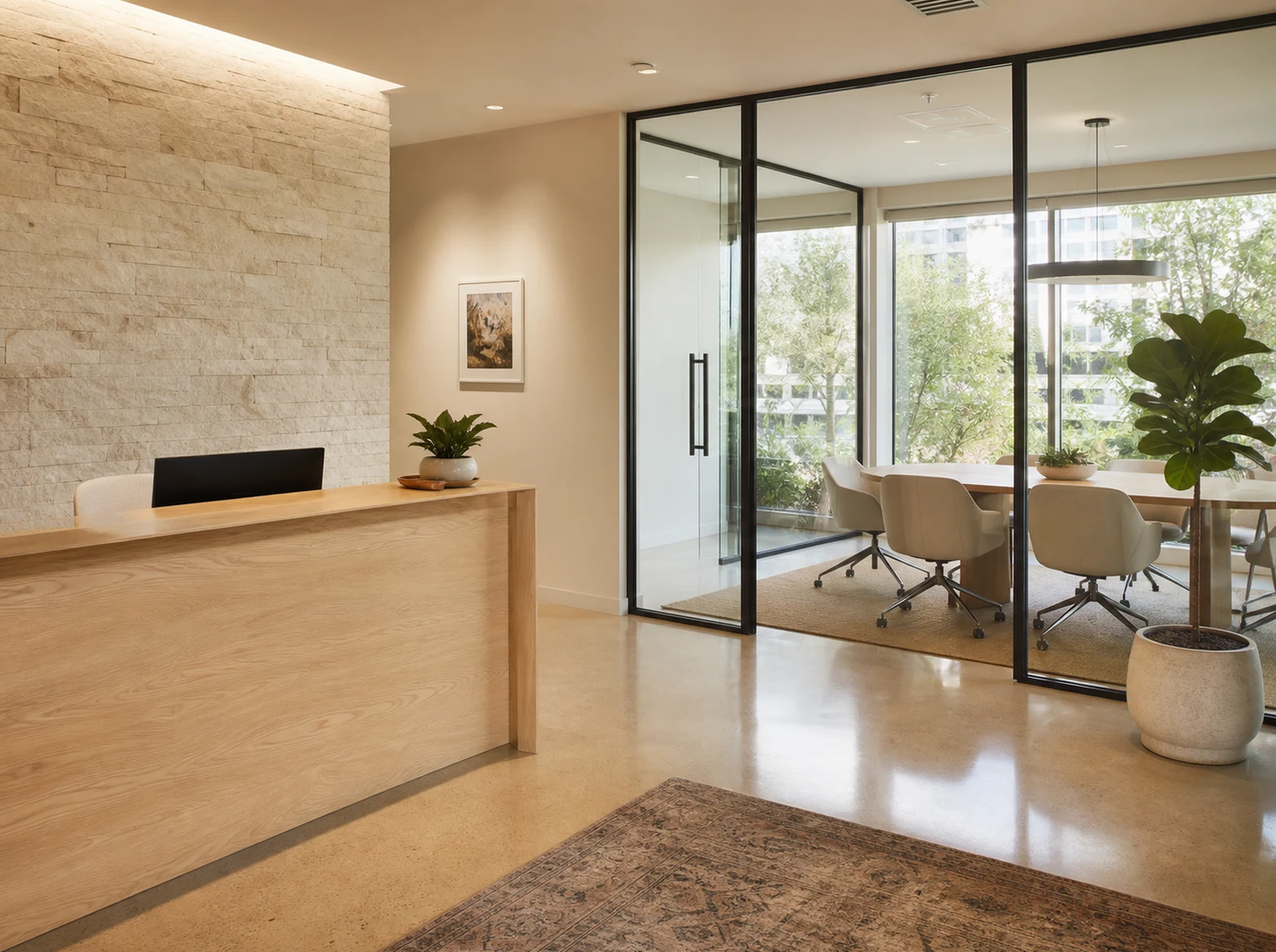 A clean and welcoming small-business reception area and glass-walled meeting room prepared for the workday.