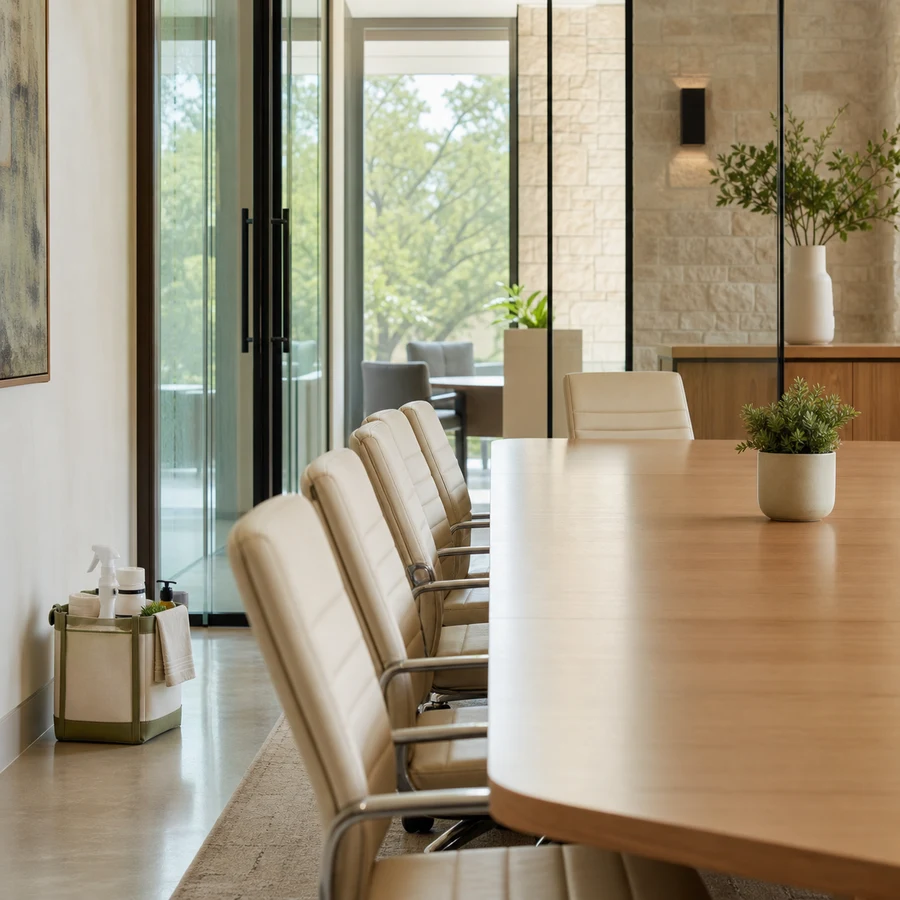 A clean conference room with aligned cream chairs, warm oak and a discreet supply caddy.