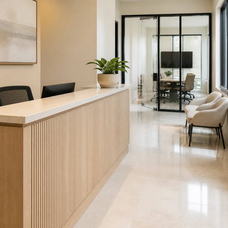 A spotless pale-oak reception counter with aligned guest chairs and a clear glass meeting-room wall.