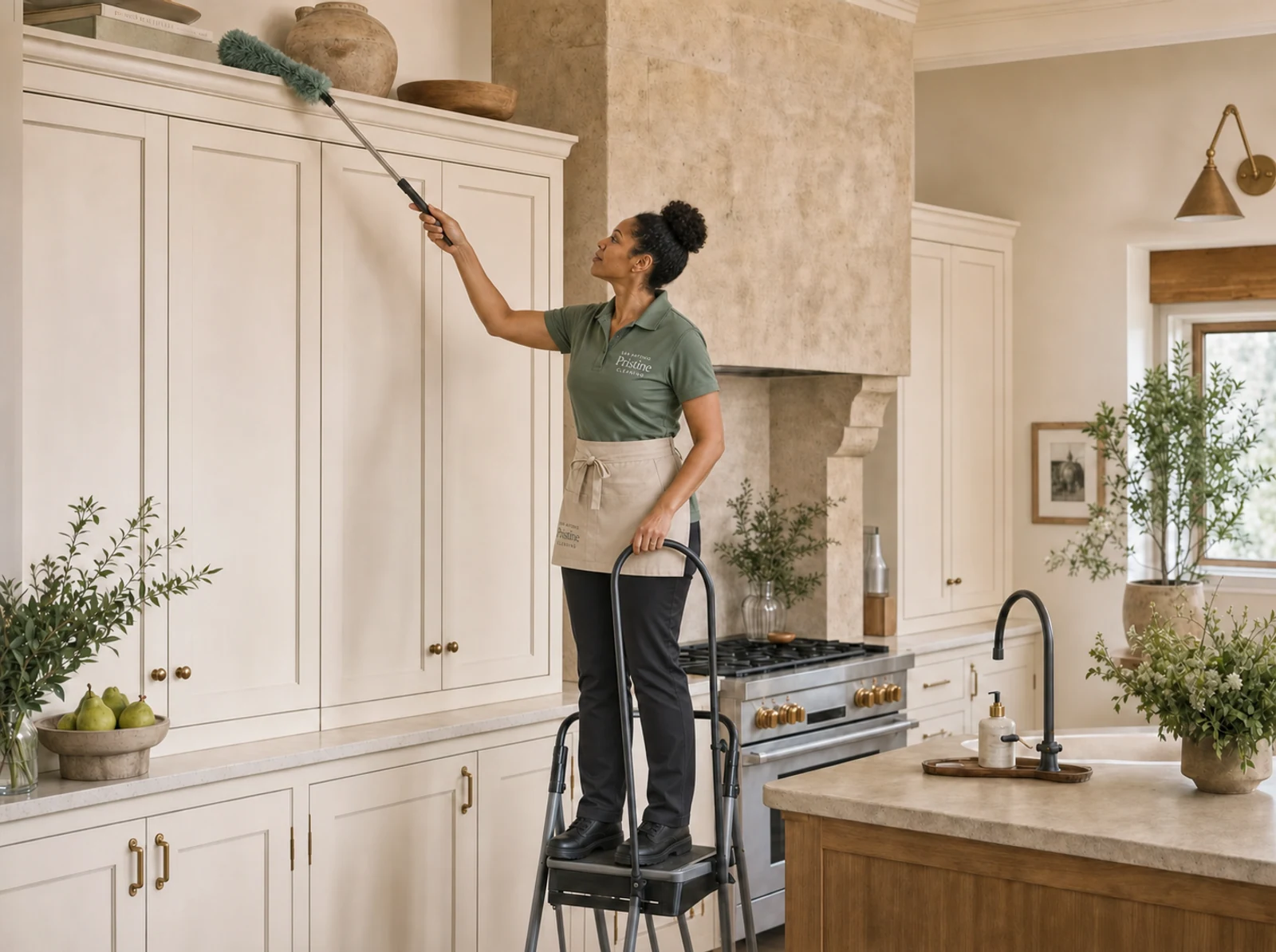 A San Antonio Pristine cleaner using a long microfiber duster to clean the normally overlooked top of tall kitchen cabinetry.