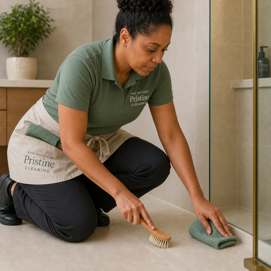 A San Antonio Pristine cleaner using a small brush and sage cloth to detail a shower-edge grout line.