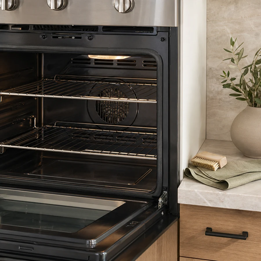 A spotless open oven interior beside a natural-bristle detail brush and folded sage cloth.
