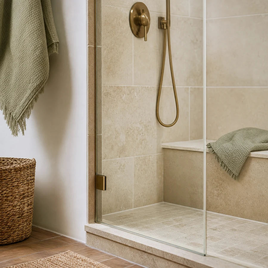 A carefully cleaned limestone shower with clear glass, brushed brass hardware and precise grout lines.