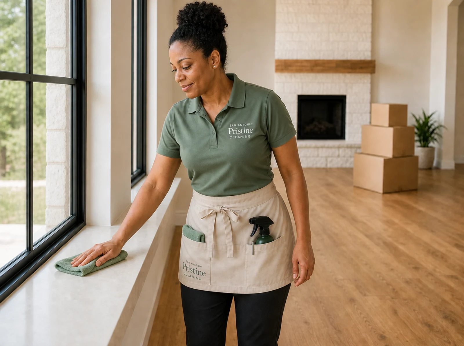 A San Antonio Pristine cleaner wiping a broad windowsill in a bright, nearly empty home.