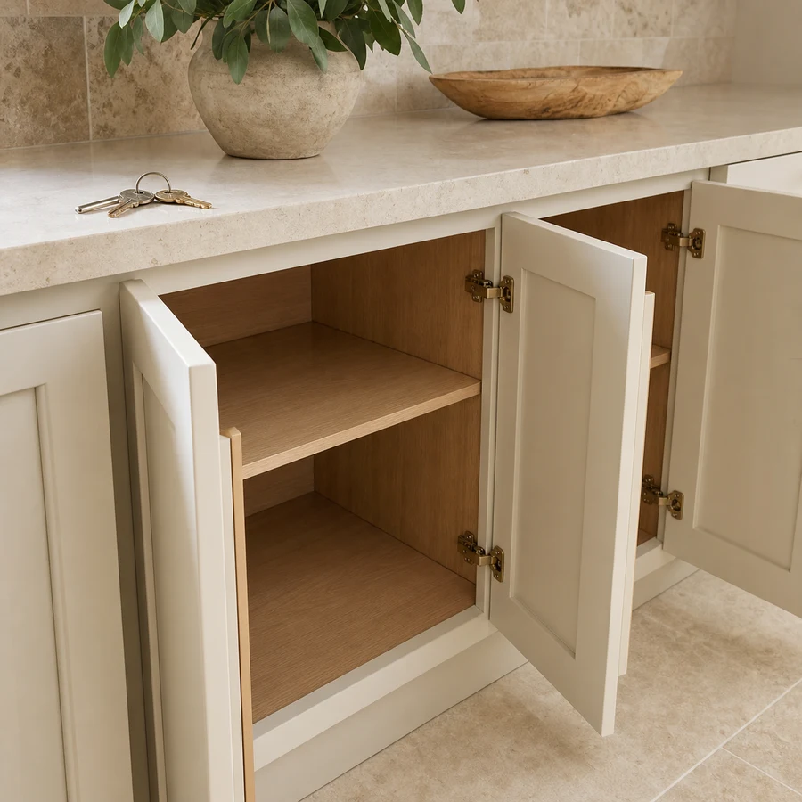 Freshly cleaned empty kitchen cabinets standing open beneath a pale counter with house keys.