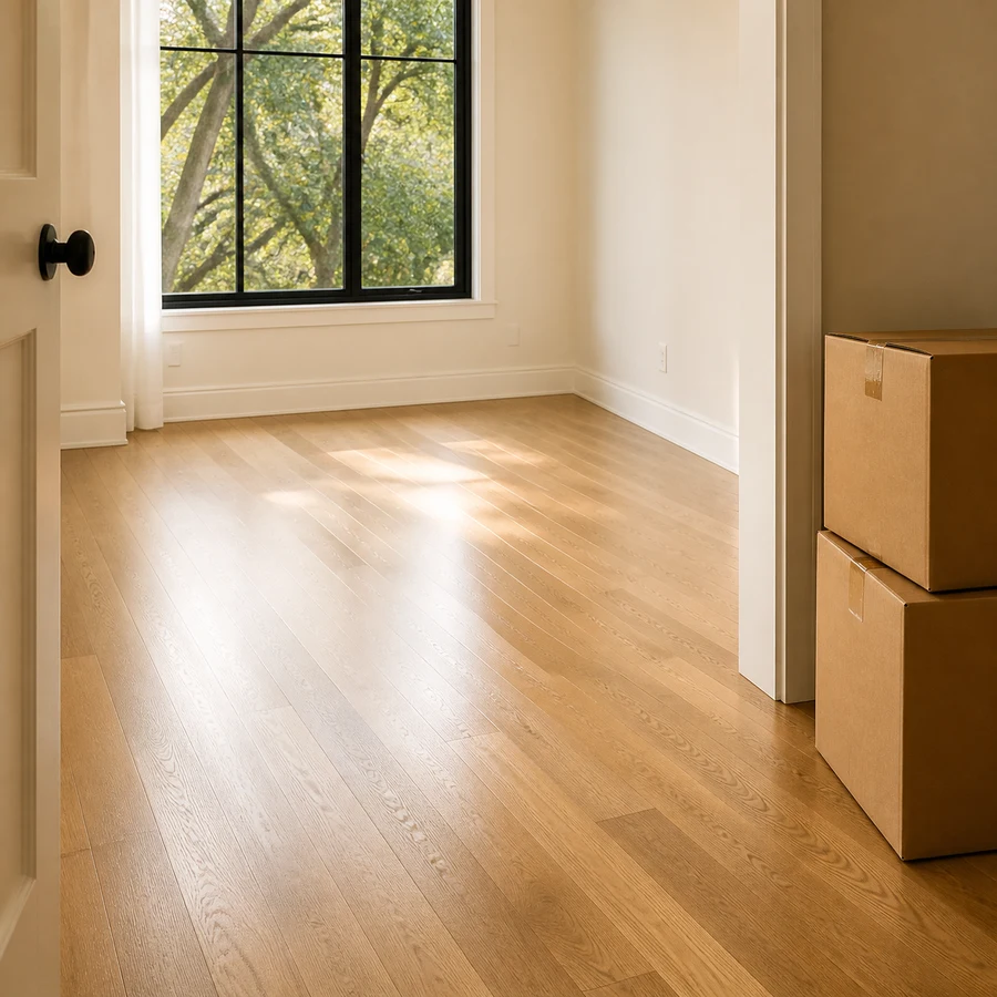 A bright empty room with clean oak floors, spotless baseboards and two sealed moving boxes.