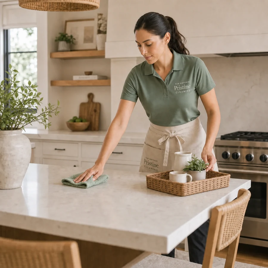 A San Antonio Pristine cleaner wiping and resetting a warm family kitchen island.