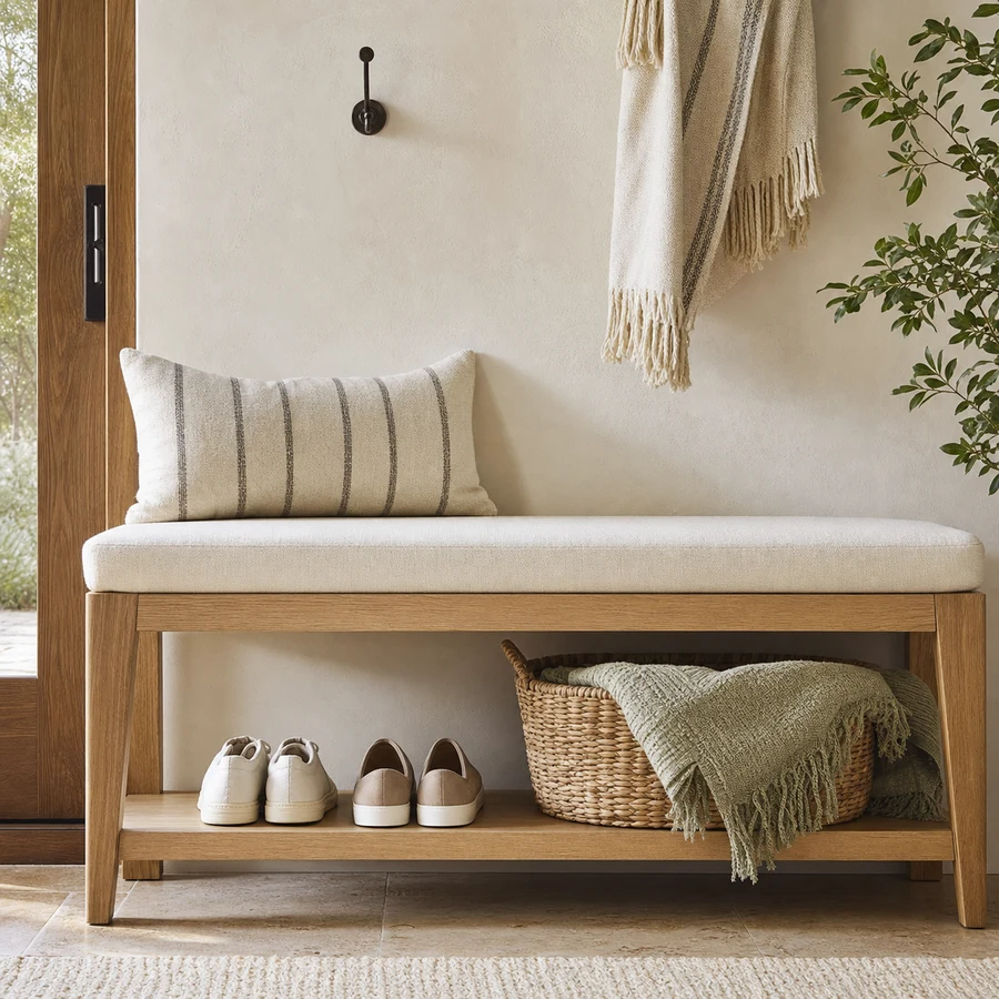 An organized entry bench with aligned shoes, woven storage and a folded sage throw.