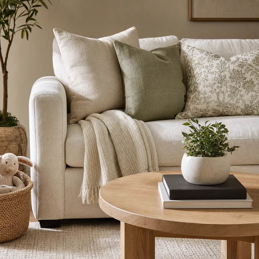 A restored cream sofa with plumped cushions, a textured throw and a tidy oak coffee table.