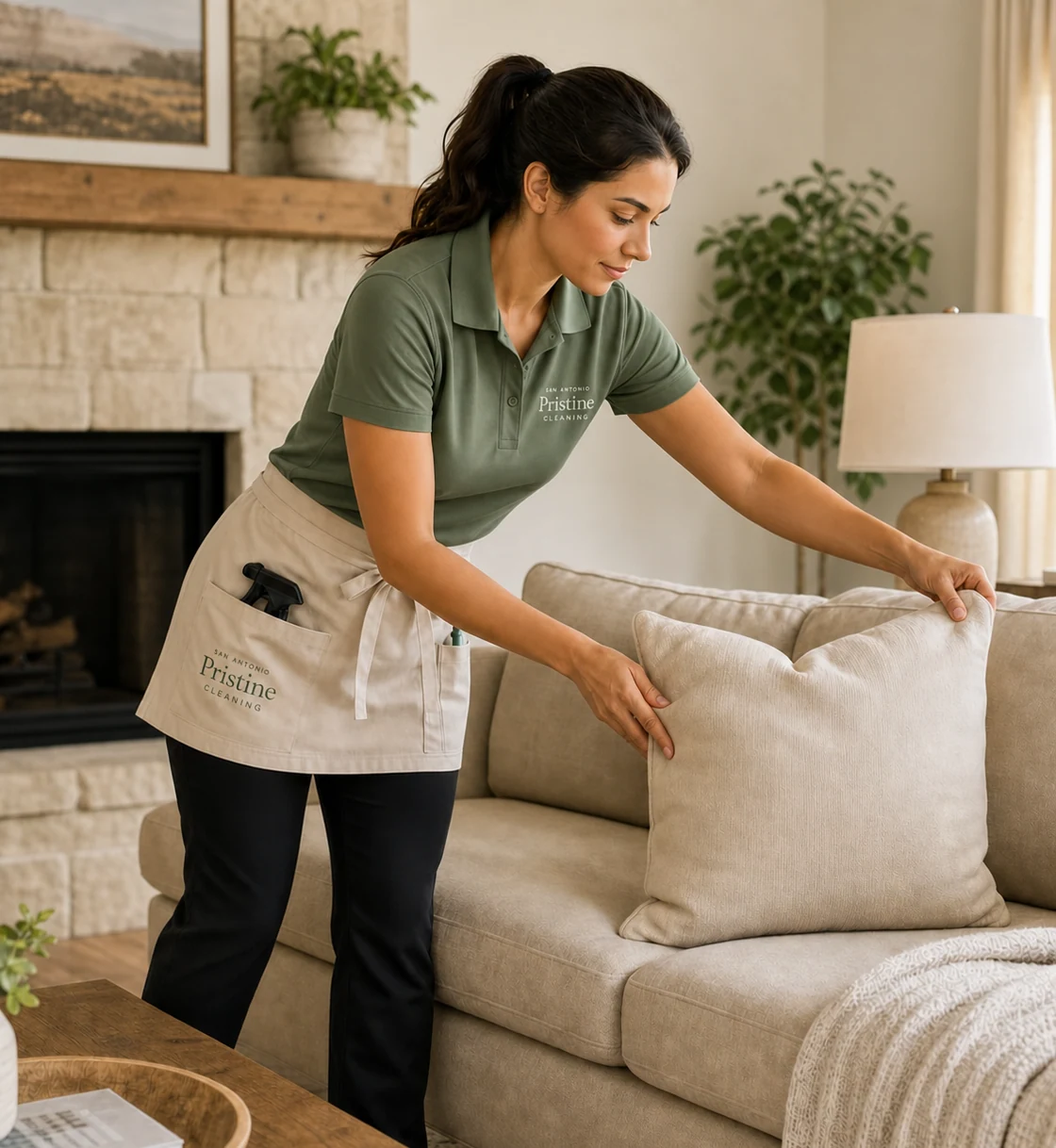A San Antonio Pristine cleaner in a sage polo and cream apron resetting the cushions and throw in a warm family living room.