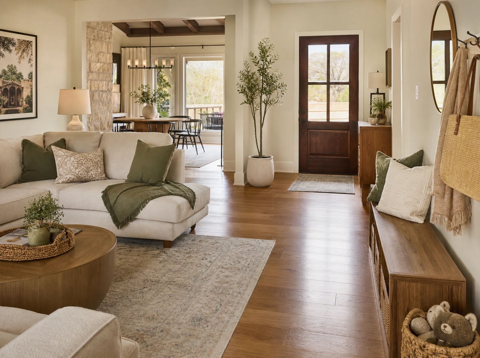 A refreshed open-plan living room and entry with an organized bench, restored cushions and softly gleaming floors.