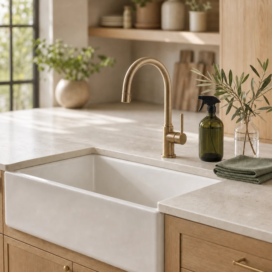 A clean family kitchen sink with a brass faucet, folded sage cloth and dark green spray bottle.