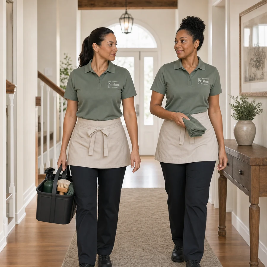 Two San Antonio Pristine cleaners in matching sage and cream uniforms coordinating in a bright residential hallway.