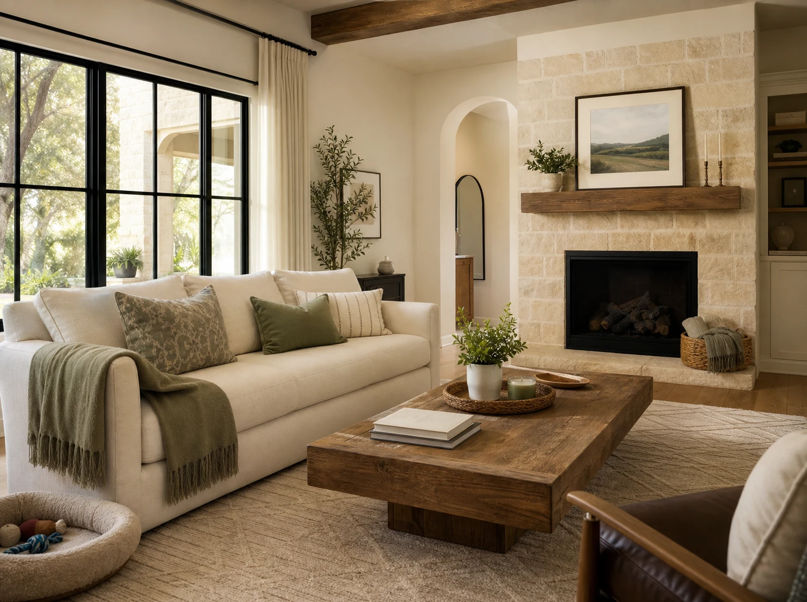 A freshly maintained San Antonio family living room with a cream sofa, sage accents, warm oak and subtle pet and child-life details.