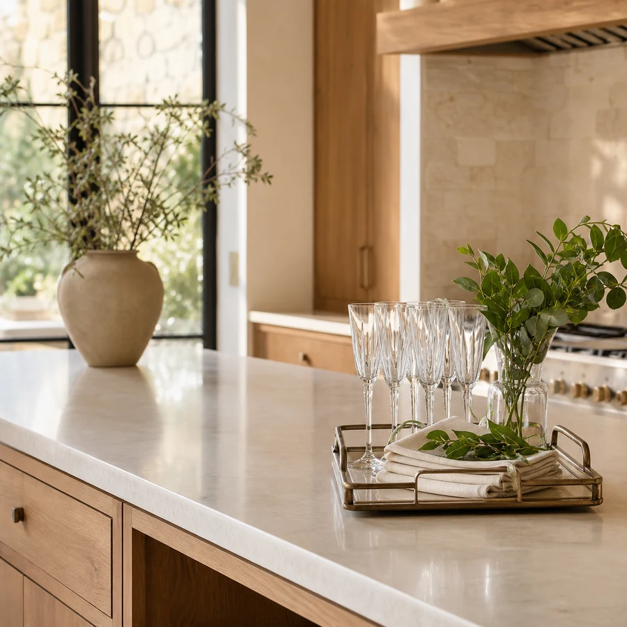 A spotless warm kitchen island prepared with clean glassware, folded linens and leafy greenery.