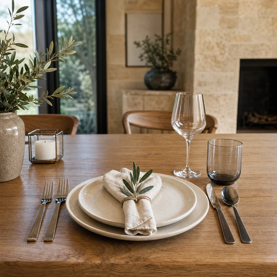 An intimate cream place setting with a linen napkin and olive sprig on a polished oak dining table.