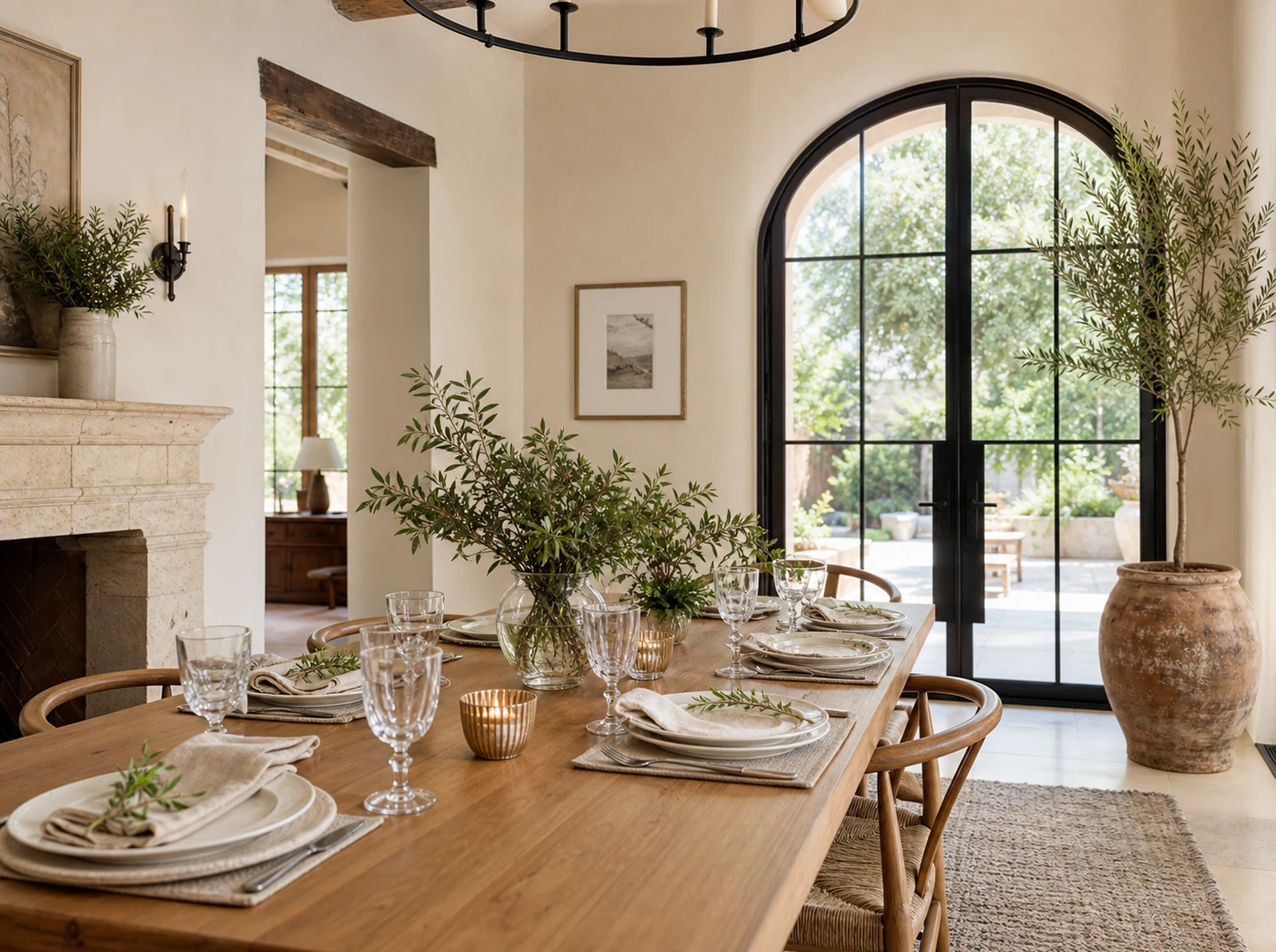 A warm San Antonio dining room fully prepared for guests with cream place settings, clear glassware and leafy greenery.