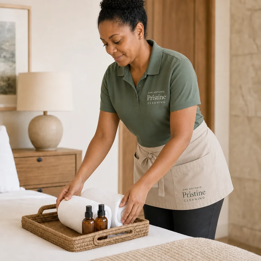 A San Antonio Pristine cleaner arranging fresh towels and guest amenities on a woven tray.