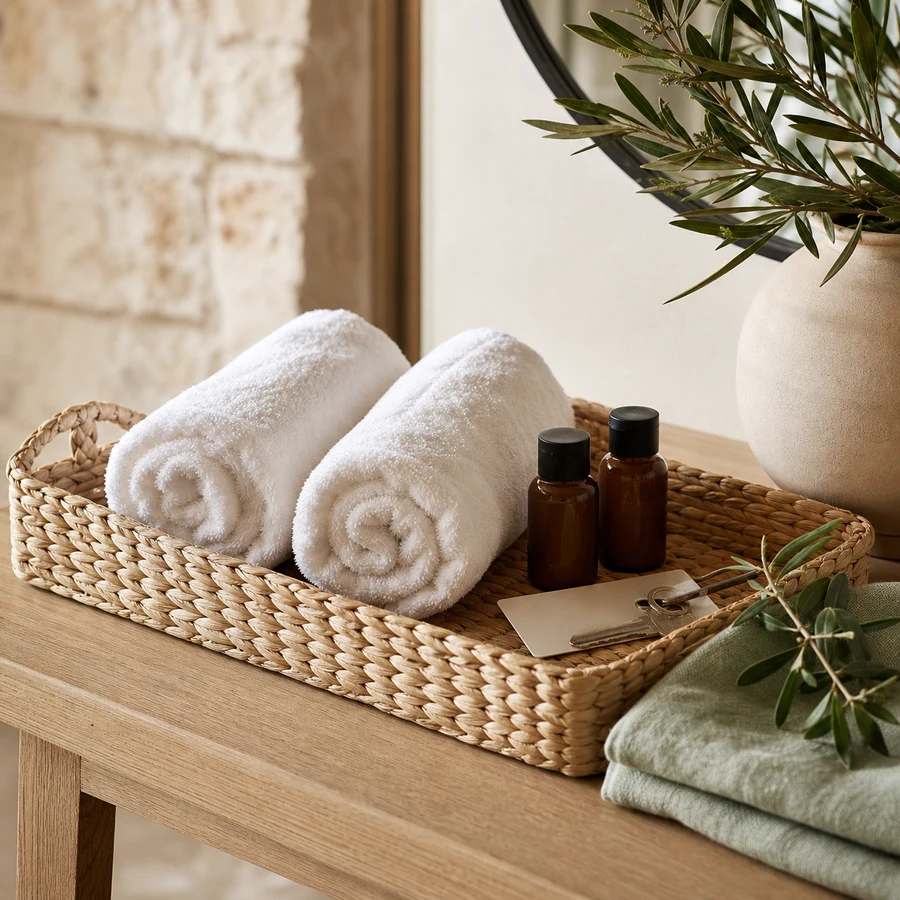 A woven guest tray with rolled towels, amber amenities, a key card and a folded sage cloth.
