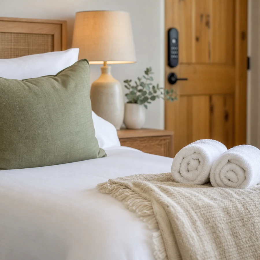 A perfectly made guest bed with white linens, a sage pillow, rolled towels and keypad context.