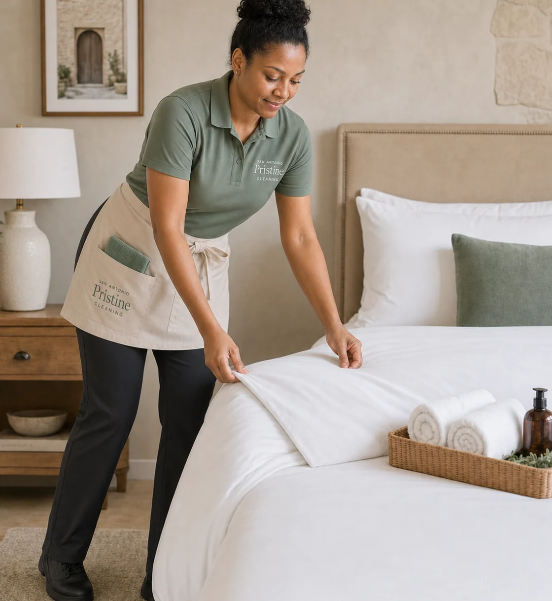 A San Antonio Pristine cleaner making a crisp guest bed with folded towels and turnover amenities ready nearby.