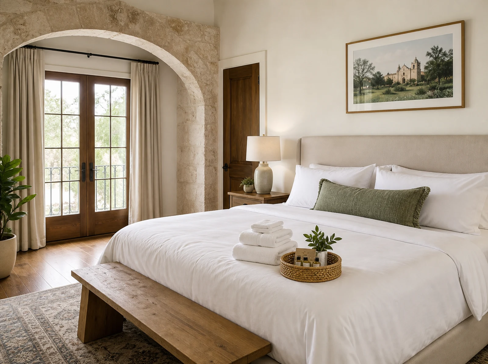 A guest-ready San Antonio rental bedroom with crisp white linens, folded towels, sage accents and a restrained amenity tray.